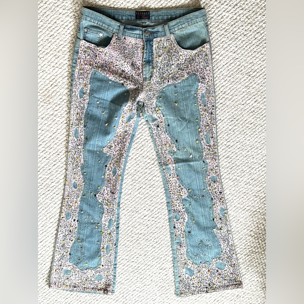 FITELLE PARIS Denim and Pink Lace Stretch Boot Cut Mid Rise Jeans